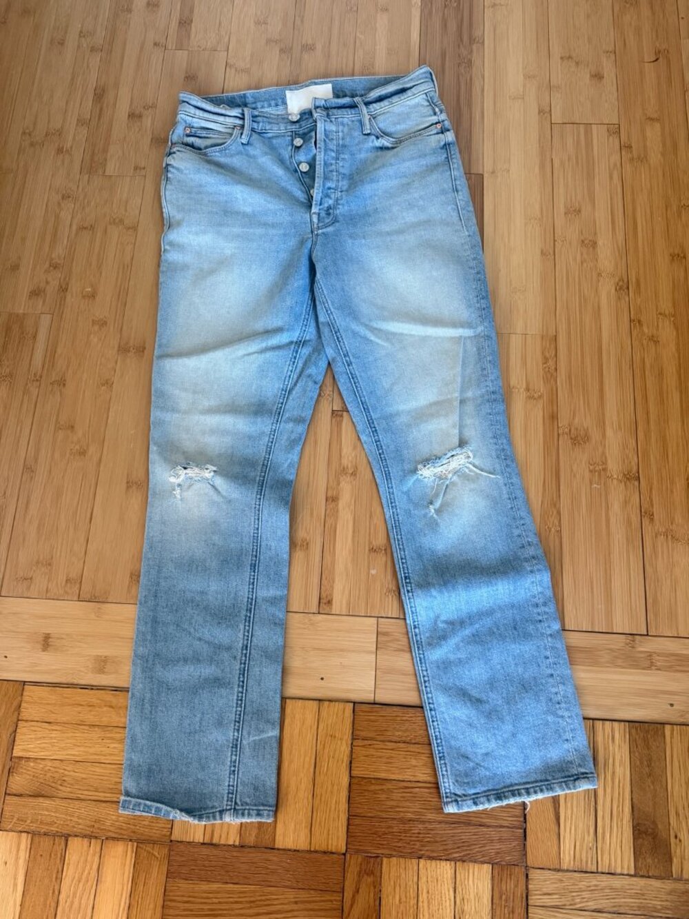 MOTHER Light Wash Distressed Jeans Size 27 Button Fly Straight Leg Raw Hem
